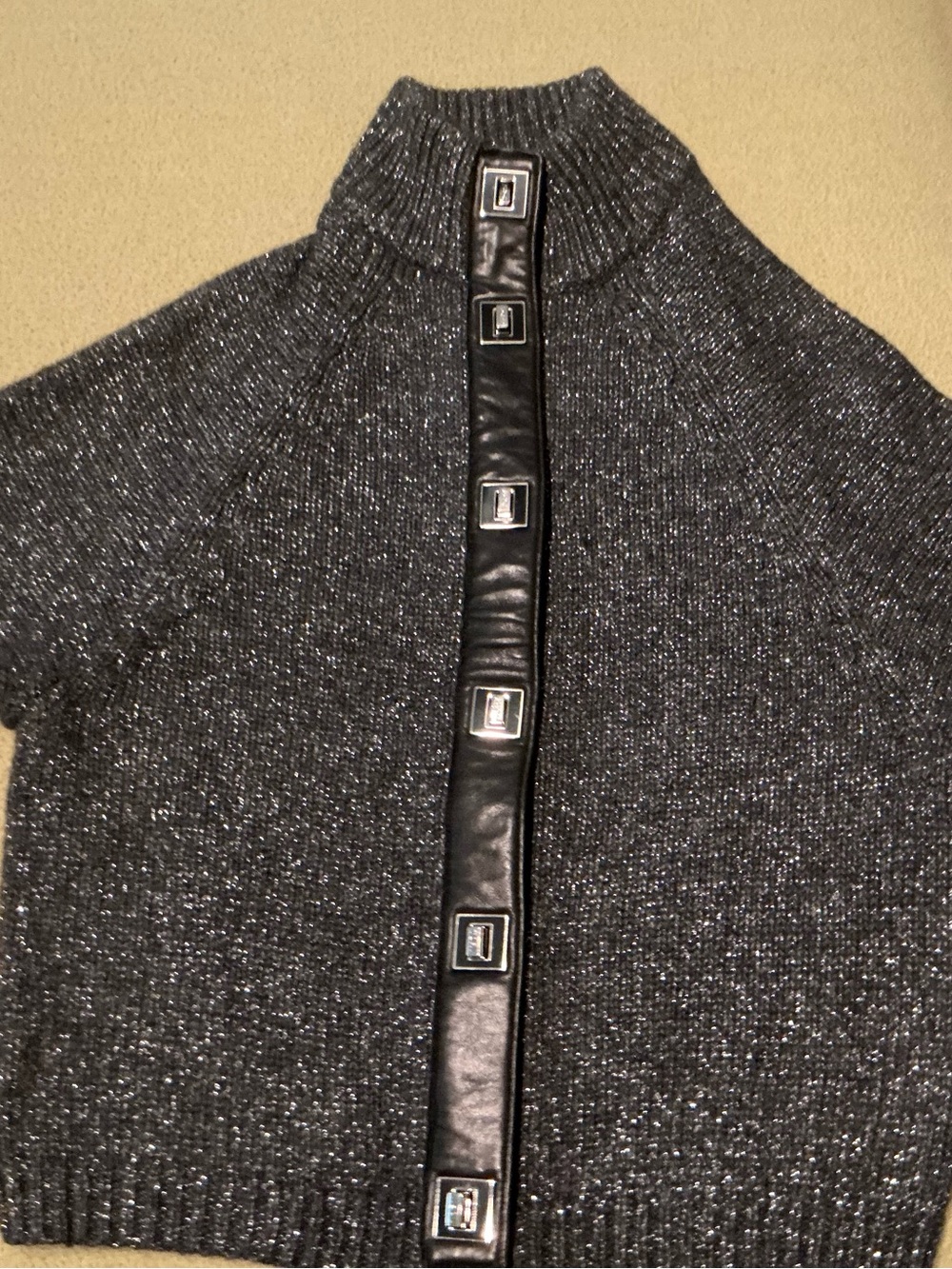Tory Burch Metallic Charcoal Knit Sweater with Black Leather Trim
